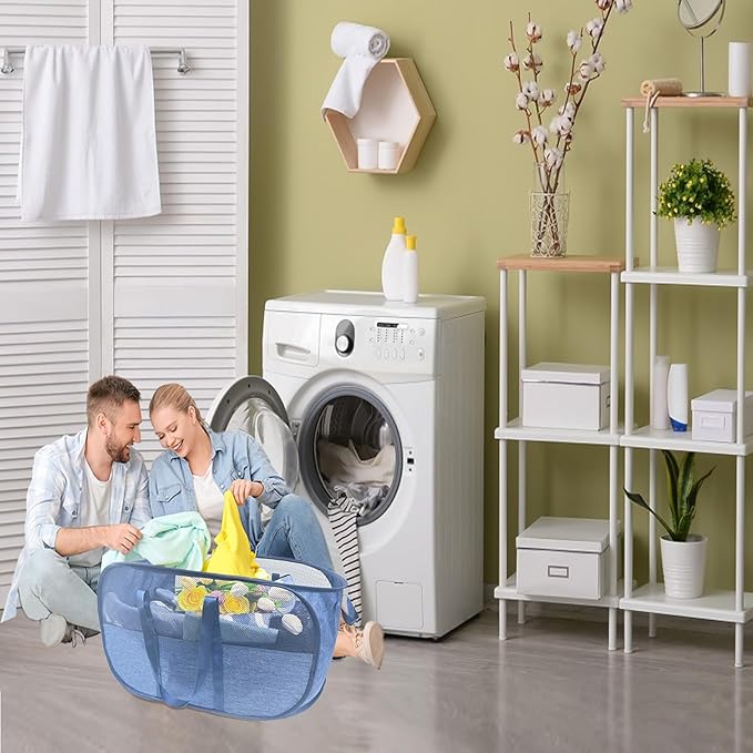 Extra Large Mesh Pop Up Laundry Hamper, 100L Collapsible Laundry Basket, Dirty Clothes Hamper with Reinforced Handles, Storage Bins for Shelves, Dorm or Home Portable Stair Laundry Basket. Blue