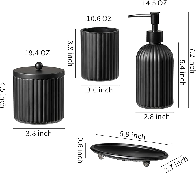 4PCs Heavy Weight Decent Glass Bathroom Accessories Set with Decorative Pressed Pattern - Includes Hand Soap Dispenser & Tumbler & Soap Dish & Toothbrush Holder (Black)