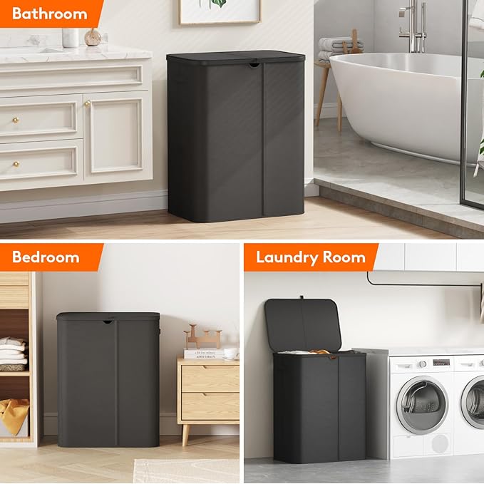 Lifewit 185L Large 3 Section Laundry Hamper with Lid, Plastic Laundry Basket with Bamboo Handles and Removable Bags, Tall Foldable Clothes Hamper for Bathroom Bedroom, Black