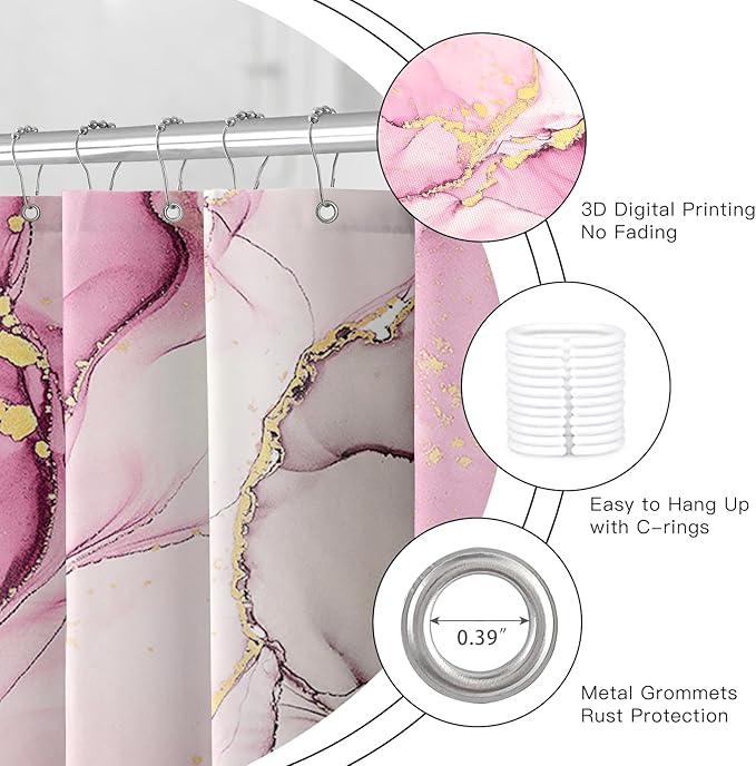 4PCS Pink Gold Marble Bathroom Sets with Shower Curtain and Rugs, Hot Pink Shower Curtain Sets with Rugs, Modern Bathroom Curtains Shower Set with Toilet Lid Cover