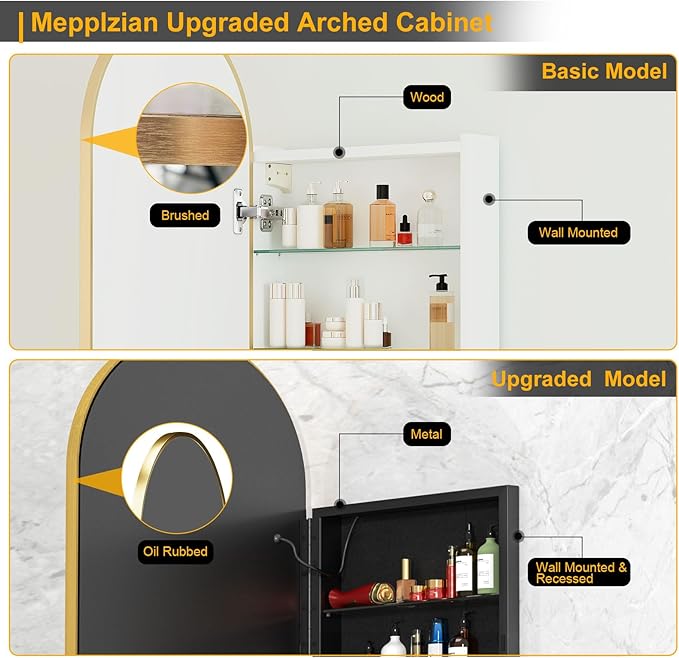 Lighted Arched Medicine Cabinet with LED Mirror - 20x31 Inch Recessed Bathroom Storage, Gold Arched Wall Mounted Mirror Cabinet, Arch Medicine Cabinet with Lights,Anti-Fog