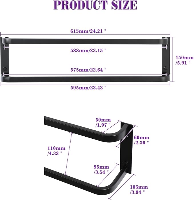 Alise Double Towel Bars for Bathroom,24'' Towel Holder Towel Racks for Bathroom Wall Mount,SUS304 Stainless Steel Double Towel Rail Towel Hanger for Bath Walls,Matte Black