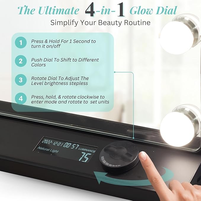LUXFURNI Vanity Mirror with Lights, Makeup Mirrors Hollywood Mirror with 15 LED Bulbs, 3 Colors Modes & Adjustable Brightness, 10x Magnification, USB Charging (23"x 18")