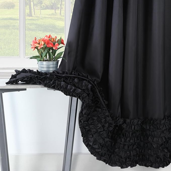 Ruffled Black Modern Polyester Fabric Cloth Bath Shower Curtain,Solid Boho Waterproof Decoratived Farmhouse Shower Curtains for Bathroom,72" W x 72" L