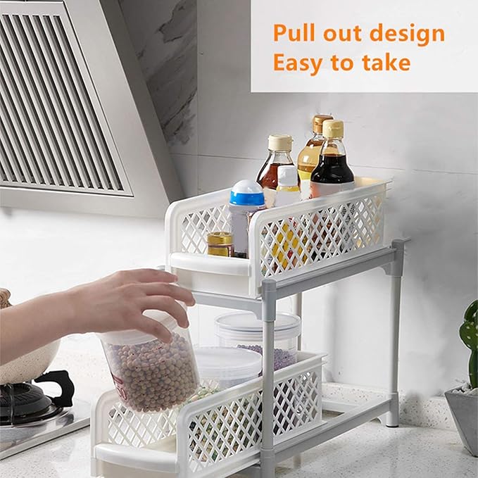 2 Layer Bathroom Sliding Basket Storage Cabinet, Bathroom Shelf with Pull Out Drawers, White Space Storage Rack for Supplies, to Inl No Dril Needed