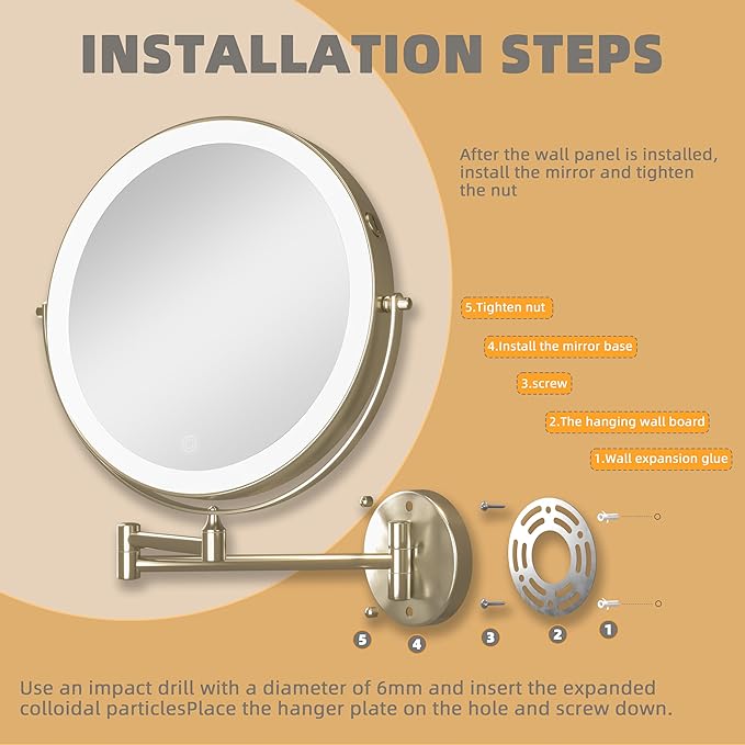 8.5" Wall Mounted Makeup Mirror with Light, 2000mAh Rechargeable Double Sided 1X / 10X Magnifying Vanity Mirror, 3 Color Lights Touch Dimmable 360° Rotation Bathroom Mirror, Nickel