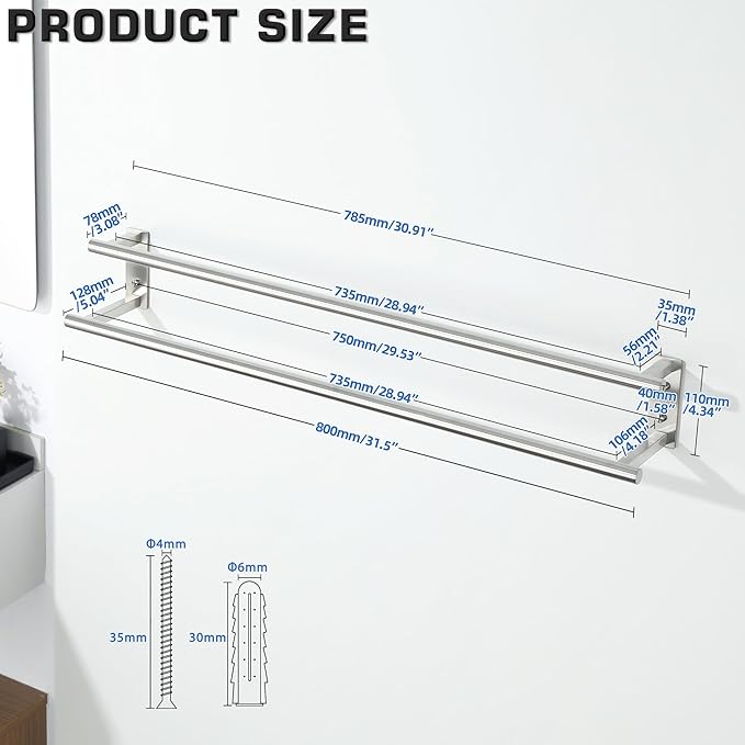 Alise Double Towel Bars for Bathroom, Wall Mount Towel Holder 32'' Towel Racks for Bathroom, SUS304 Stainless Steel Towel Hanger Towel Rails, Brushed Nickel