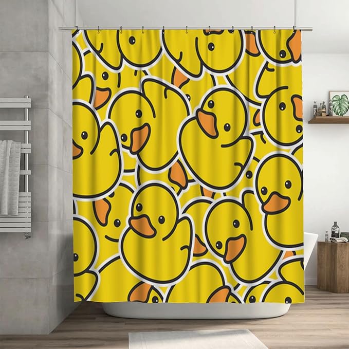 Ansouyi 4Pcs Bathroom Shower Curtain Sets with Non-Slip Rugs, Toilet Lid Cover and Bath Mat, Yellow Cartoon Duck Durable Waterproof Shower Curtain for Bathroom Set, 72x72 Inch