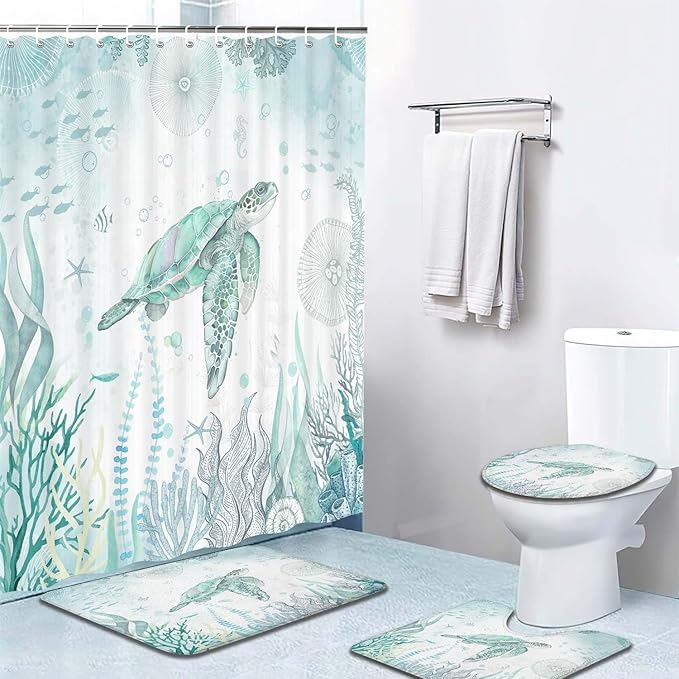 4 Pcs Sea Turtle Shower Curtain Set, Blue Teal Ocean Bathroom Rug Sets, Nautical Coastal Summer Animal Kids Fabric Shower Curtain and Non-Slip Rugs Toilet Lid Cover Bath Mat Decor with Hooks (Teal)