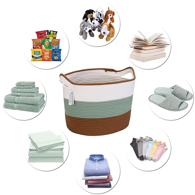 Sea Team Oval Large Cotton Rope Woven Storage Basket with Handles, Diaper Caddy, Baby Shower Basket, Nursery Nappies, Clothes Toys Organizer for Kid's Room, 16 x 13 inches, Green & Brown
