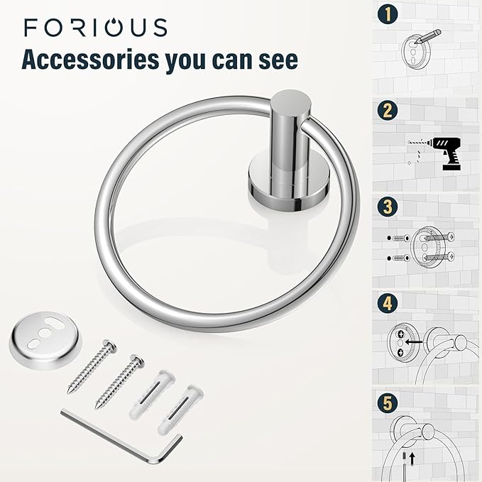 FORIOUS Towel Ring, SUS304 Stainless Steel Modern Hand Towel Holder Rack Hanger Round for Bathroom Wall Mounted, Ideal for Bath, Kitchen, RV, Chrome(2 Pack)