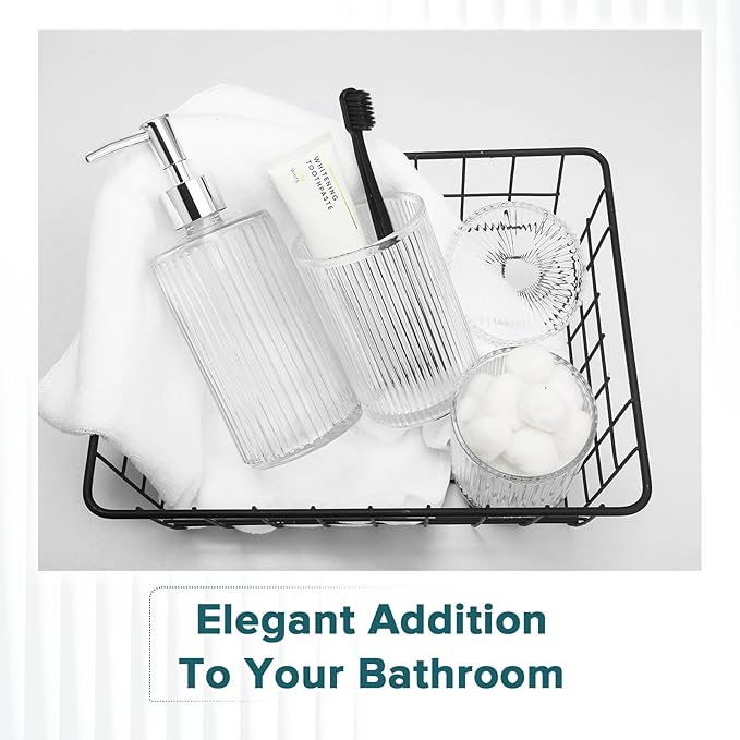 RYTOXILO Bathroom Accessories Set, 4 Pack Clear Glass Bath Accessory Sets Complete, Ribbed Soap Dispenser and Toothbrush Holder Set with 2 Qtip Holders, Modern Sliver Bathroom Counter Decor