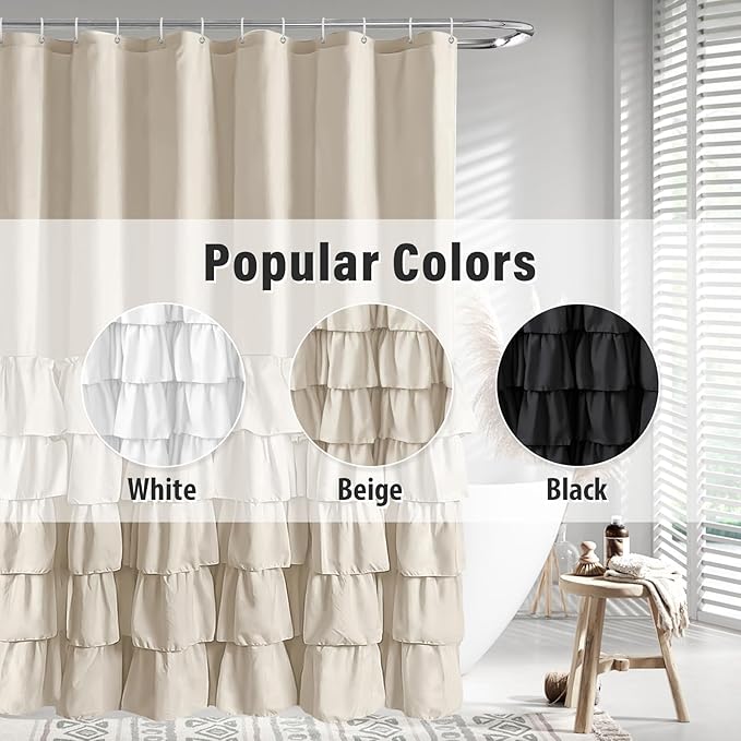 Seasonwood Beige Ruffle Shower Curtain 72x78 Inch Neutral Shower Curtain Button Design Farmhouse Country Style Rustic Decorative Fabric Shower Curtains