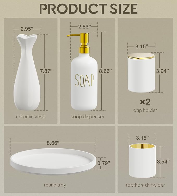 White Bathroom Accessories Set with Tray, 6pcs White and Gold Bathroom Accessory Sets, Glass Soap Dispenser and Toothbrush Holder Set, Qtip Holder, Ceramic Flower Vase, Bathroom Set Decor