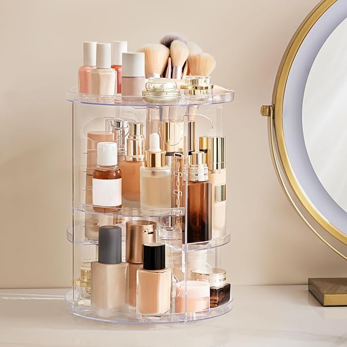 HBlife 360 Rotating Makeup Organizer Adjustable Carousel Small Capacity Revolving Perfume Organizer Skincare Organizers Cosmetic Storage Spinning Holder for Vanity, Clear