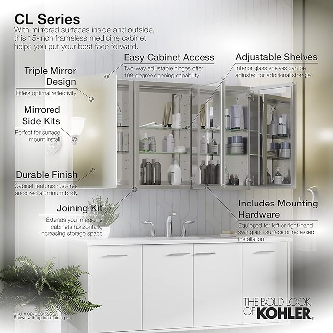 Kohler CB-CLC1526FS Frameless Bathroom Mirror Medicine Cabinet, Single Door, Rectangular Beveled Edge Frame, Bathroom Cabinet Mirror, Adjustable Shelves, 15 in. W x 26 in. H