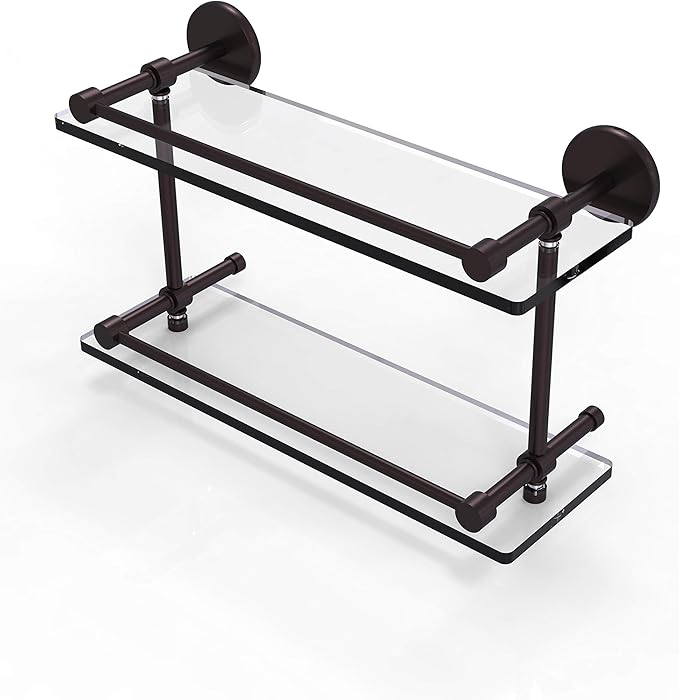 Allied Brass P1000-2/16-GAL-ABZ P 1000 2 Gal Inch Tempered Double Gallery Rail Glass Shelf, 16 Inch, Antique Bronze