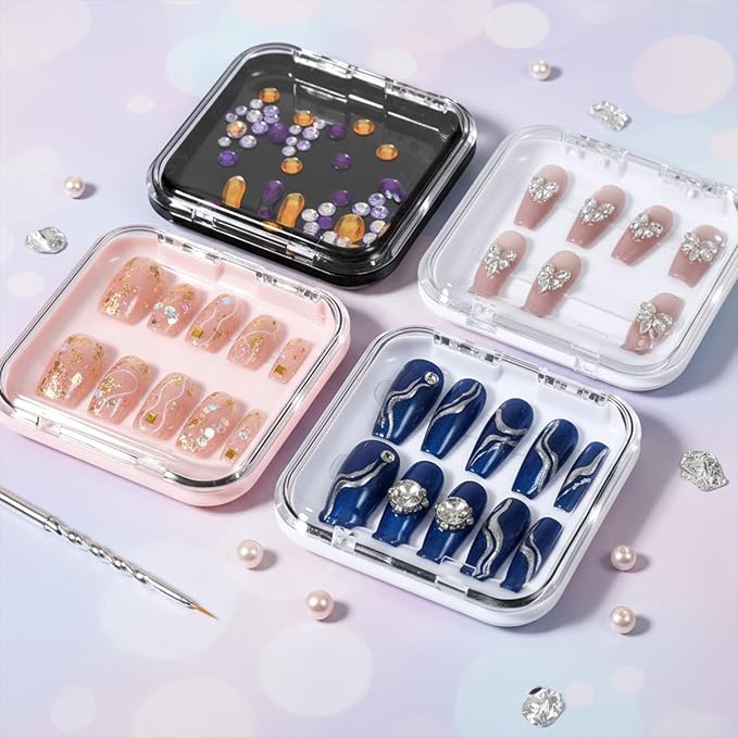 40 Pcs Press On Nail Packaging Box, 3 x 3 x 0.63 Inch Acrylic Nails Display Case with 60 Pcs Adhesive Double Sided Tape, Frosted Strip, Peritectic Rod Fake Nails Storage Case for Nail Salon