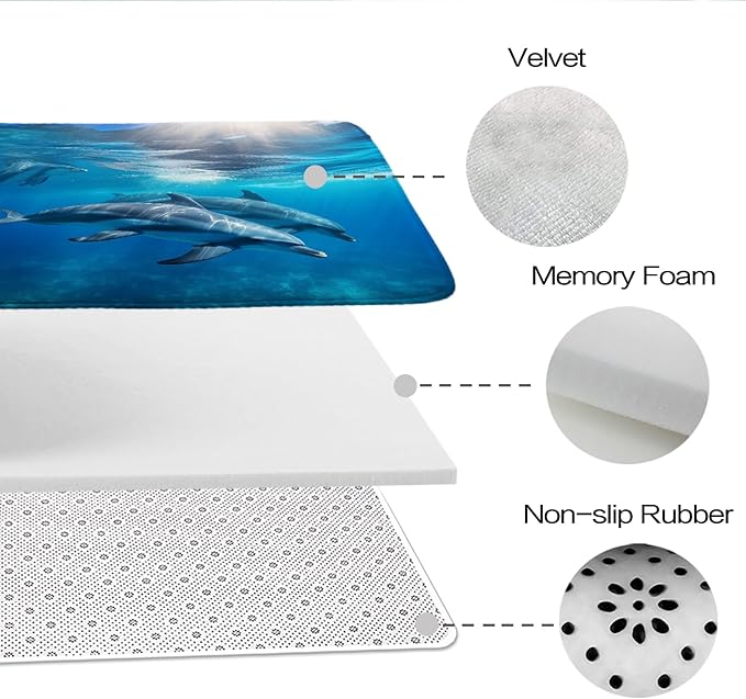 Sea Animals Undersea Dolphins Bathroom Rugs and Mats Sets 3 Piece, Memory Foam 20 x 31.5 inch Bath Mat, U-Shaped Contour Shower Mat Non Slip Absorbent Washable