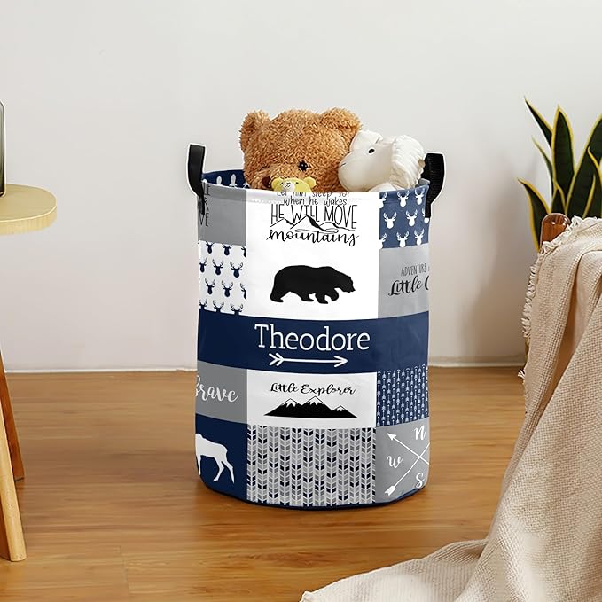 Large Custom Name Laundry Hamper, Woodland Bear Personalized Dirty Clothes Hamper Storage Basket with Name for Bathroom Bedrooms, Customized Name Circular Hamper with Handles for Baby Boys Girls
