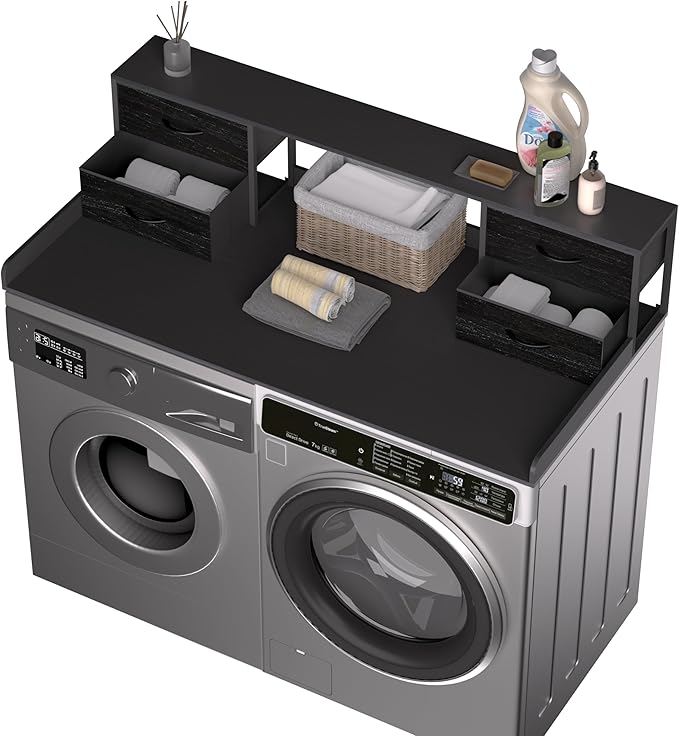Unionly Washer and Dryer Countertop, 27.5“ D x 53.9“ W x 12.9“ H Solid Wood Washer and Dryer Countertop with Organizer Shelves with Four Drawers for Laundry Room Organization (Black)