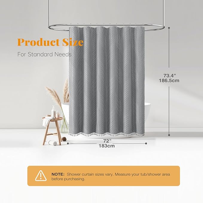BTTN Grey Boho Farmhouse Shower Curtain, Tufted Leaves Textured Striped Shower Curtain Set with Tassel, Water Repellent, Modern Minimalist Shabby Chic Shower Curtains for Bathroom, 72 x 72