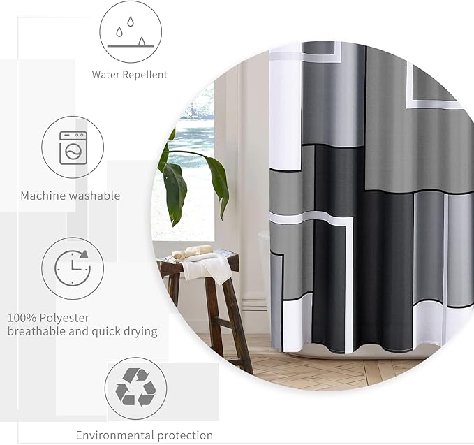 Hokibero Grey Modern Shower Curtain Set Gray Shower Curtains for Bathroom Slub Fabric Geometric Bath Curtains Decorative Black Water Repellent for Bathtubs Hotels, 72x72, Grey