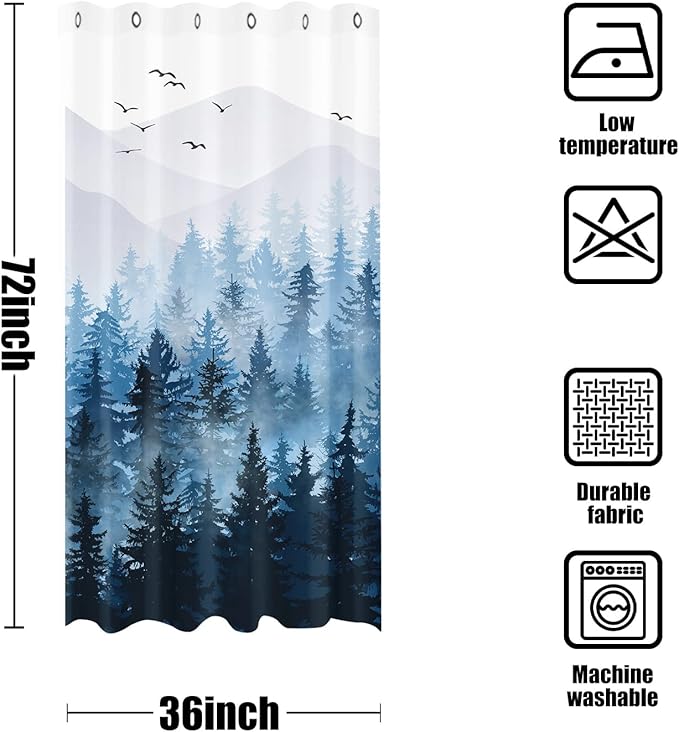 Accnicc Stall Small Blue Misty Forest Shower Curtain Set Ombre Mountain Pine Tree Waterproof Fabric Shower Curtains for Bathroom Nature Woodland Decorative Bath Curtain Decor 36×72 Inches