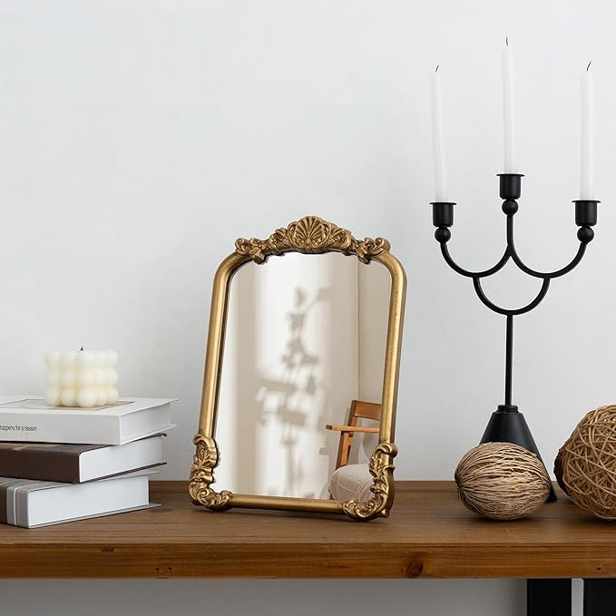 Vintage Vanity Small Gold Mirror Antique Makeup Desk Mirror with Stand Arched Table Mirror for Living Room Tabletop Countertop Bedroom Bathroom 8.5x12
