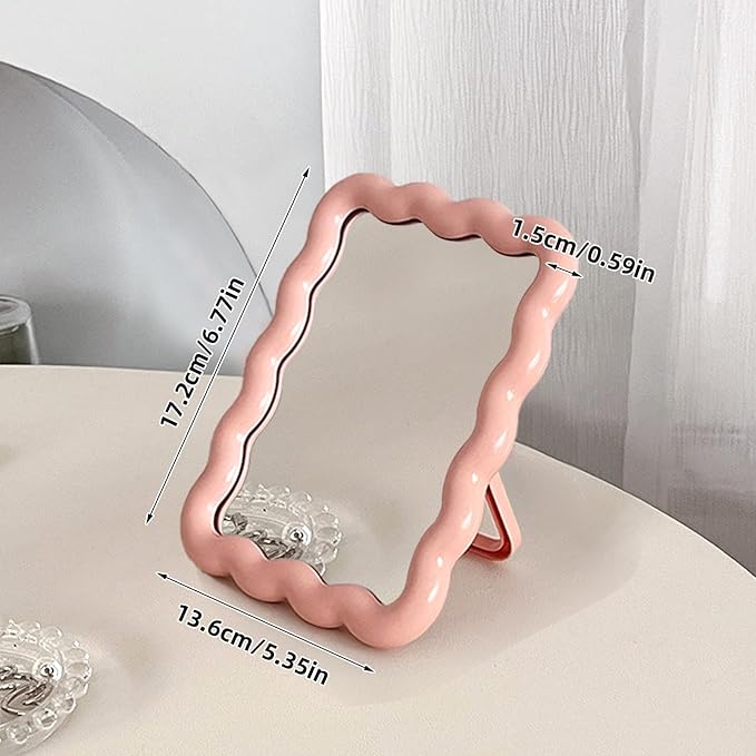Wave Shaped Table Desk Vanity Makeup Mirror Portable Folding Cute Travel Make Up Mirror for Standing Hanging 6.7X5.3 Inch Home Decoration (Pink)