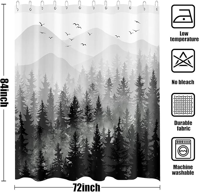 84 Inch Extra Long Black and White Misty Forest Shower Curtain Ombre Dark Gray Mountain Pine Tree Waterproof Fabric Shower Curtains for Bathroom Grey Nature Woodland Decorative Bath Curtain Decor