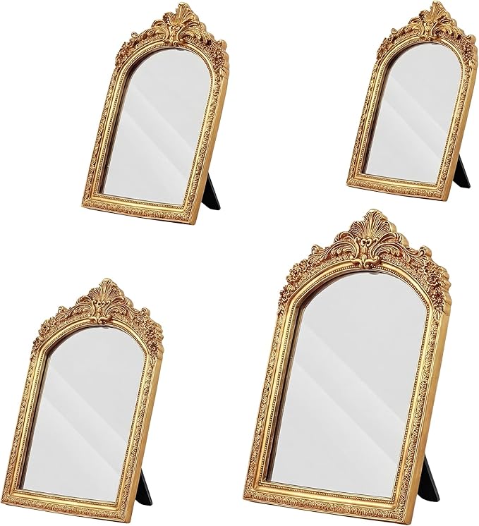 Thyle 4 Pcs Vintage Gold Antique Mirror Set Arch Retro Resin Baroque Decorative Makeup Mirror Square Hanging Wall Desk Tabletop Room Bedroom Bathroom Gallery (13x9 10x7 8x5 7x4)(Light Color)
