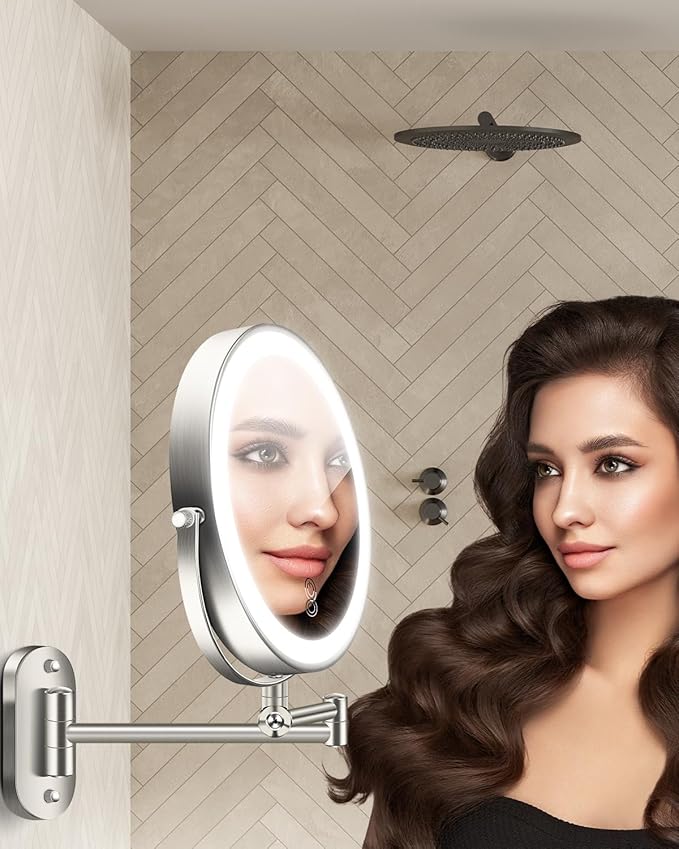 9'' 30X/1X Wall Mounted Lighted Makeup Mirror, Height Adjustable Double Sided 5000mAh Rechargeable Magnifying Bathroom Mirror with Light, 3 Color Modes Touch Dimmable Extended Arm 360 Rotation