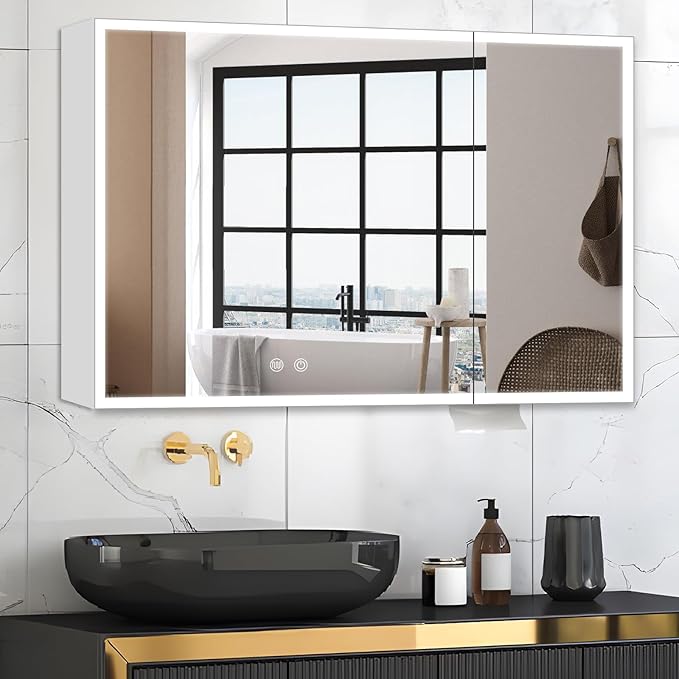 32x24 Lighted Medicine Cabinet with Mirror, Recessed or Surface Led Medicine Cabinet with Color Adjustment and Anti-Fog, 2 Doors Aluminum Cabinet, Cream White (No Assembled Required)