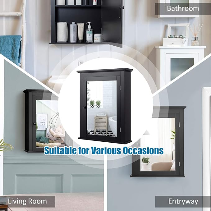 Tangkula Bathroom Cabinet with Mirror, Mirrored Wall-Mounted Storage Medicine Cabinet w/Single Door & Adjustable Shelf in 5 Positions, Multipurpose Wall Cabinet for Bathroom (Black)