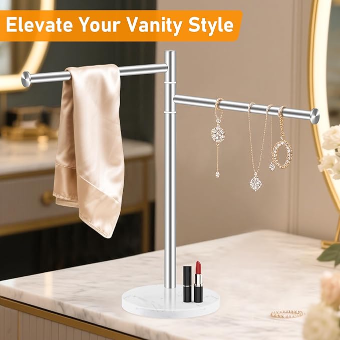 Hand Towel Holder for Bathroom, Stainless Steel Double Hand Towel Holder Stand with Marble Base for Kitchen Countertop, Freestanding Brushed Nickel 360?? Swivel 2 Arms Towel Bar Drying Rack, YOFOVI