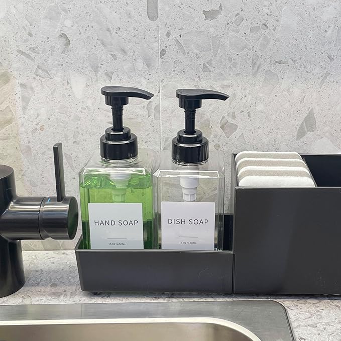 Clear Soap Dispenser with Waterproof Labels, Thickened Plastic Hand Soap Dispenser for Bathroom, Kitchen Dish Washing Liquid Bottles, Shampoo and Conditioner Bottles with Funnel (15oz 2Pack Clear)