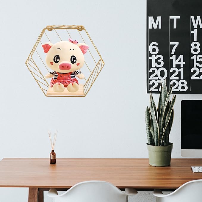 Luxshiny Wall Shelf with Hooks Gold Hexagonal Iron Rack Multi-Functional Decorative Storage Shelf for Bathroom Kitchen Living Room Wall Mounted Organizer