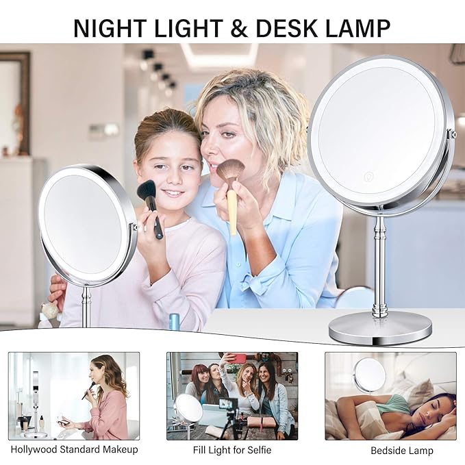 8" Lighted Makeup Mirror, 10X Makeup Mirror with Lights, Double Sided Dimmable Magnifying Mirror with Light, Rechargeable and Brightness Adjustable, Cordless Vanity Mirror with Lights