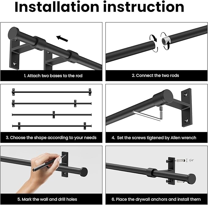 24" Adjustable Towel Bar for Bathroom Wall Mounted Towel Racks Accessory Sets | Matte Black Bathroom Towel Holder | Wall Mounted & Suction Cup Towel Rack for Bathroom & Kitchen