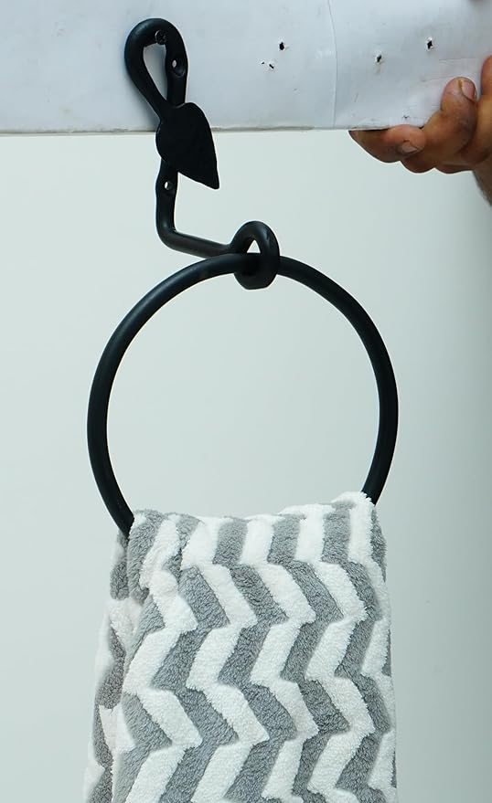 The Metal Magician Round Hand Towel Holder for Bathroom Wall - Kitchen Towel Ring - Aesthetic Design & Heavy Duty Durability - (Leaf-Shaped Wall Mount) - (Black)