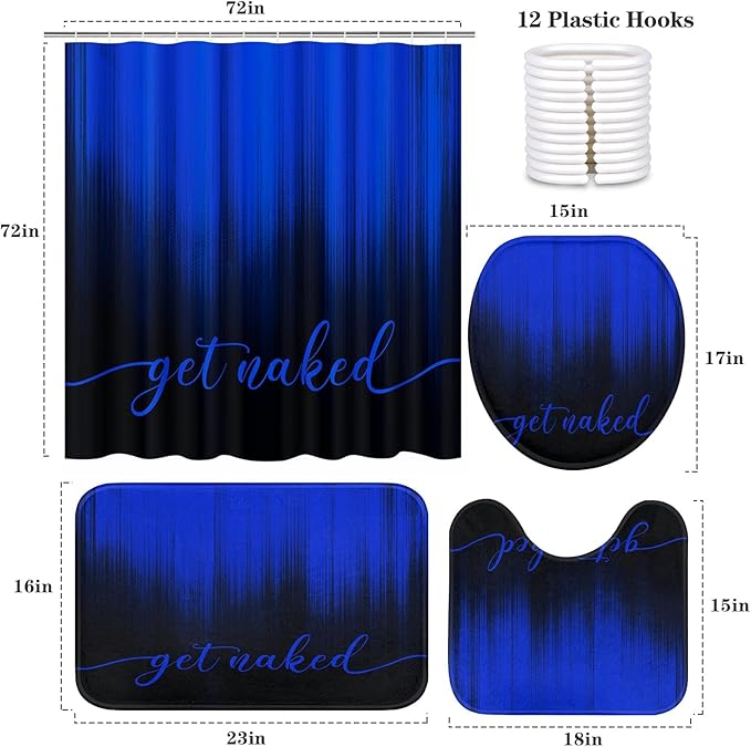 ArtSocket 4PC Blue Black Ombre Get Naked Modern Simple Shower Curtain Sets Bathroom Decor with Rugs, Non-Slip Rug,Toilet Lid Cover, Bath Mat and 12 Hooks 72x72 inches