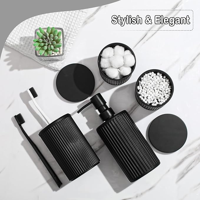 KASUNTING Matte Black Bathroom Accessories Set, 4 Pcs Glass Bathroom Accessory Set, Soap Dispenser, Toothbrush Holder, Qtip Holder Set, Bathroom Sets Complete, Bathroom Sink Set for Modern Home Decor
