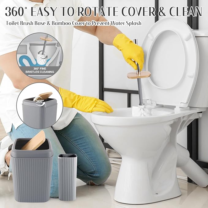 Grey Bathroom Accessories Set 17PCS Bathroom Set with Trash Can 3PCS Lotion Soap Dispenser, Toothbrush Holder, Soap Dish,Tumbler Cup,6PCS Wood Tags Bath Accessories with Tray for Bathroom