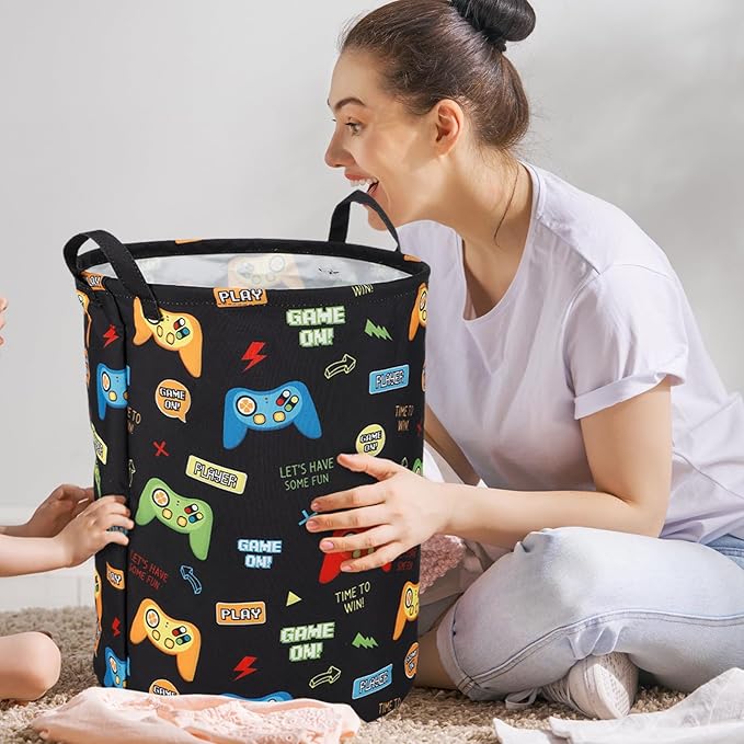 Zhehao 2 Pcs Easter Gamer Laundry Basket Boys Kids Laundry Hamper Gamer Room Decor Gaming Storage Basket Hamper Clothes Organizer Nursery Toy Storage Bin for Gifts Bedroom Bathroom Decoration(Classic)