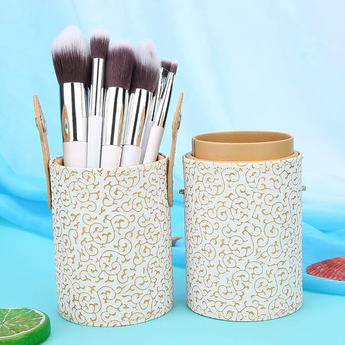 LAVEN Makeup Brush Holder ?€? PU Leather Portable Cosmetic Brush Cup for Travel, Desk & Dressing Table Organization (Apricot)