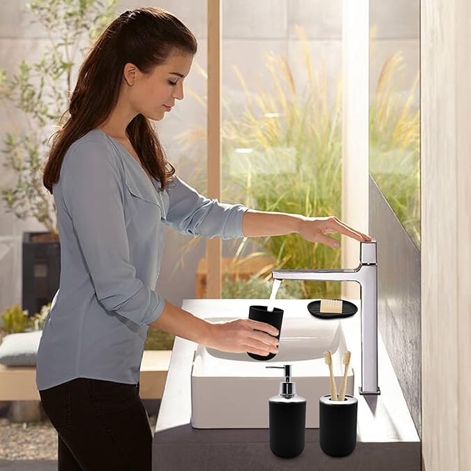 Bathroom Accessory Set, 4 pcs Shatter-Resistant Resin Bathroom Accessories Set Include Lotion Soap Dispenser Toothbrush Holder Soap Dish Modern Bathroom Decor, Gift for Home (Black 4pcs)