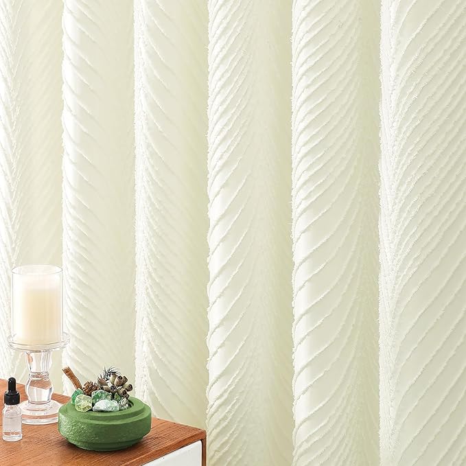 BTTN 80 Inch Long Shower Curtain - 72x80 Boho Farmhouse Tufted Leaves Textured Striped Fabric Shower Curtain Set with Plastic Hooks, Tall Rustic Country Cloth Shower Curtains for Bathroom, Cream/Beige
