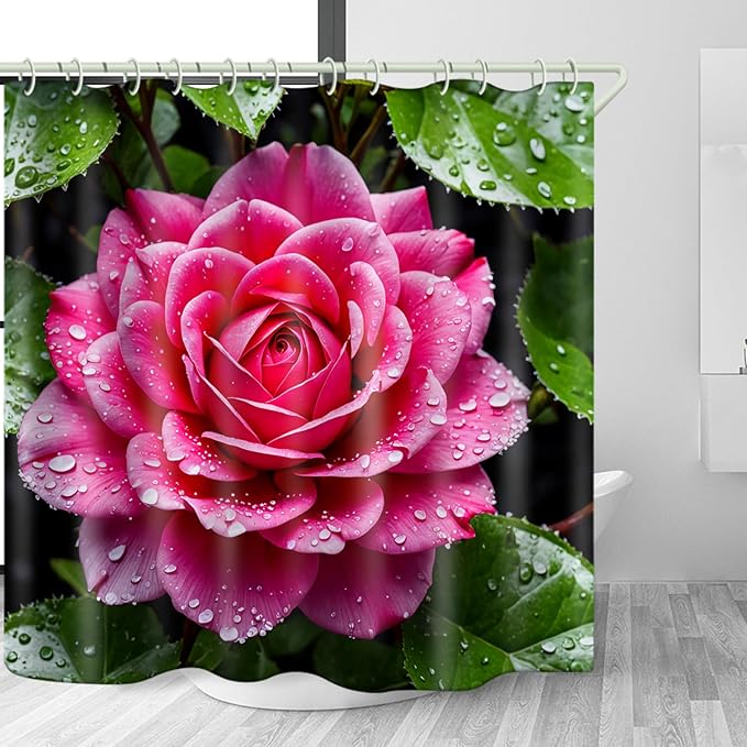 Bright Fabric Shower Curtains, Pink Flower Theme Design Art Shower Curtains, Bathroom Decor Set, 12 Shower Curtain Hooks (72 "Wx72 L) Inch Waterproof Shower Curtain.
