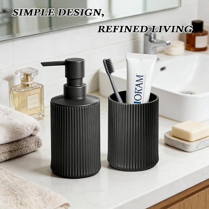 Bathroom Set Accessories, Black Plastic Soap Dispenser and Toothbrush Holder, 2-Piece Bathroom Counter Set for Modern Decor.